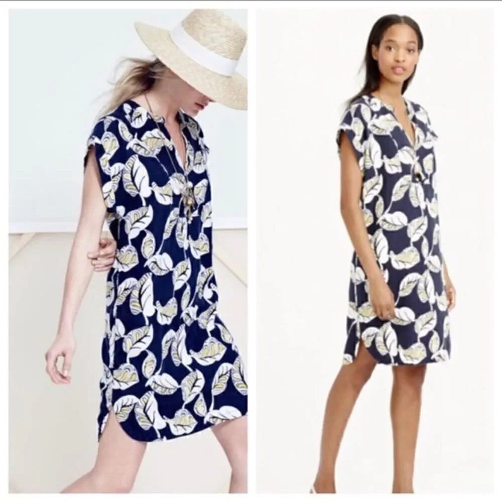 J.Crew Navy Blue Yellow Tropical Floral Leaf Print Frond Dress